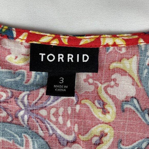 Torrid Womens Sz 3 3X Red Paisley Lenny Tie Front Bell Sleeve‎ V-Neck Boho Slub - Picture 3 of 15